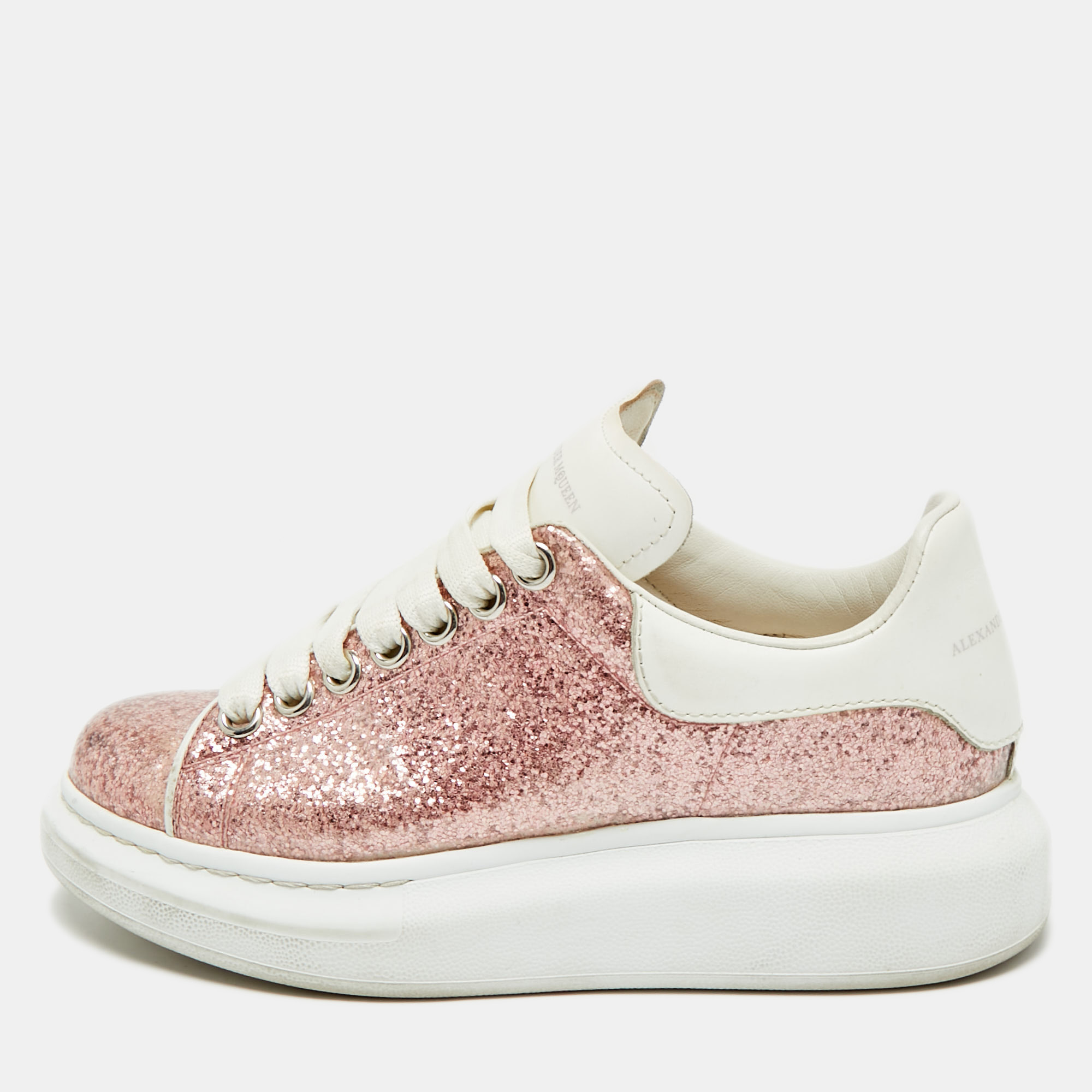 

Alexander McQueen Pink/White PVC And Glitter Oversized Lace Up Sneakers Size