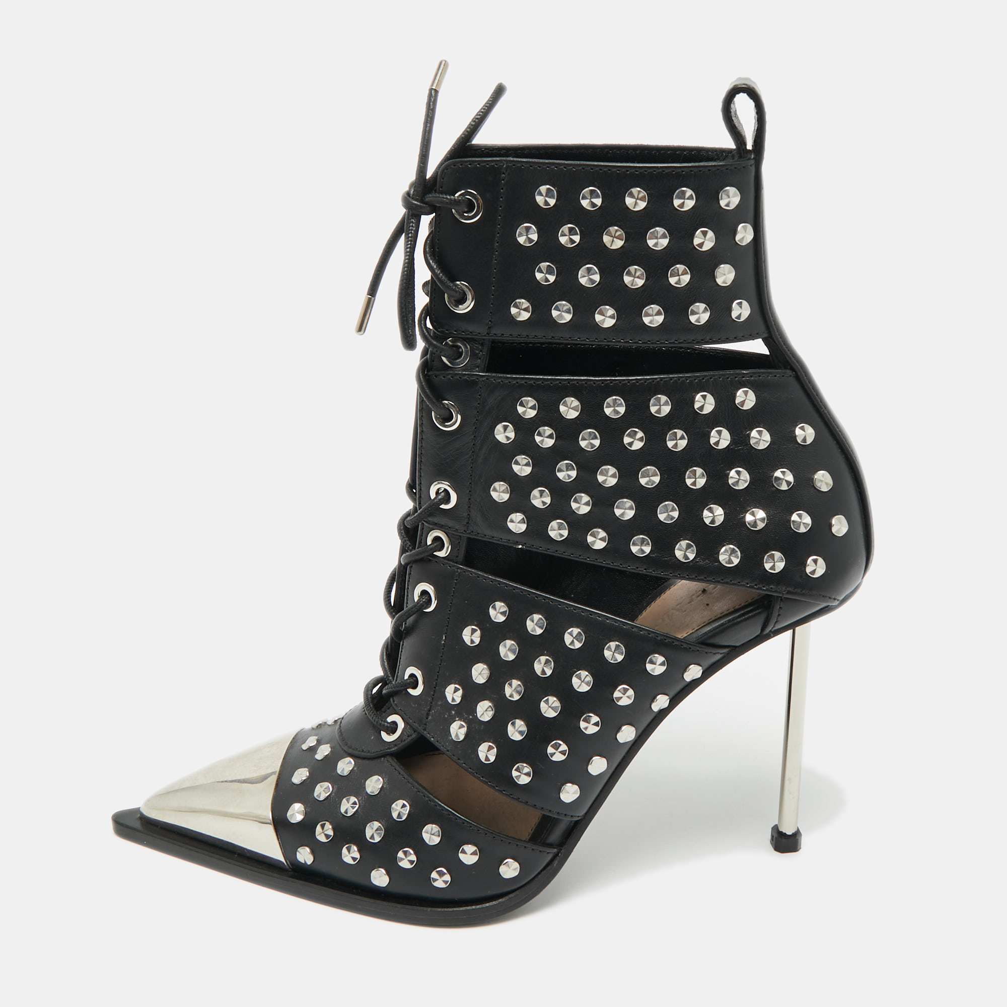 Pre-owned Alexander Mcqueen Black Cutout Leather Ankle Length Boots Size 39