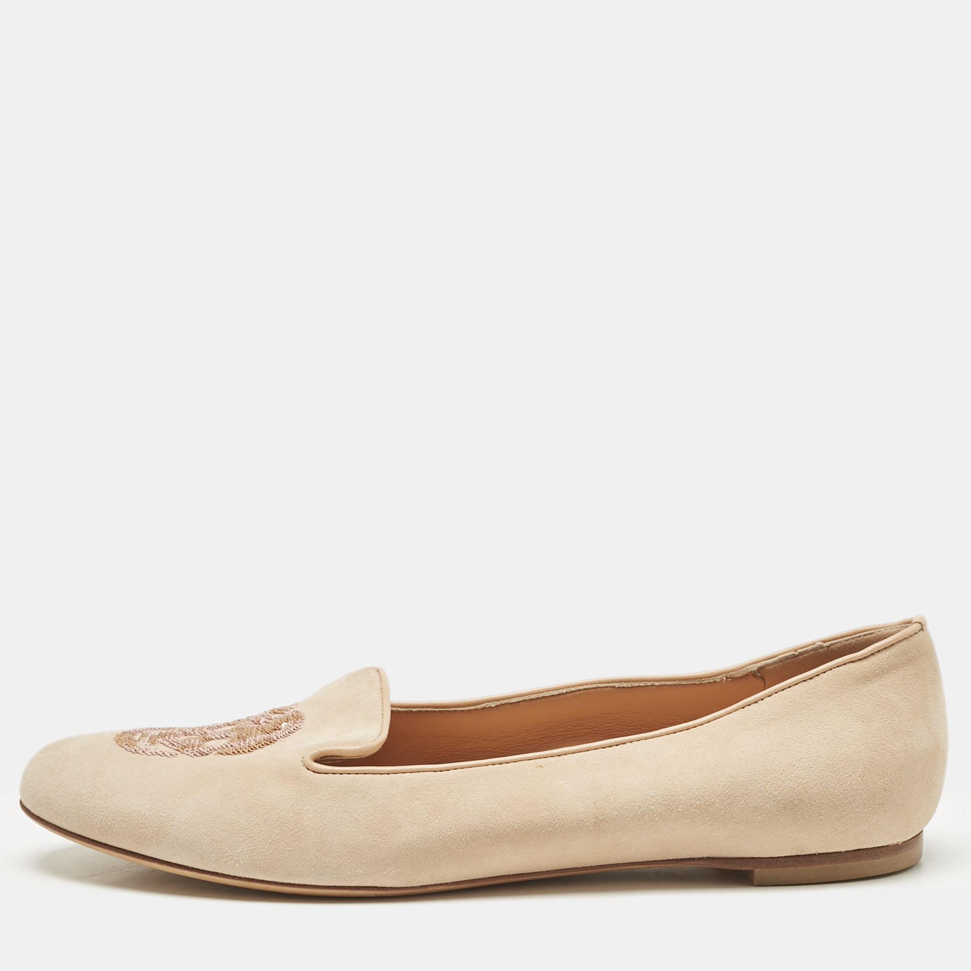 Pre-owned Alexander Mcqueen Peach Suede Skull Embroidered Smoking Slippers Size 39 In Sand