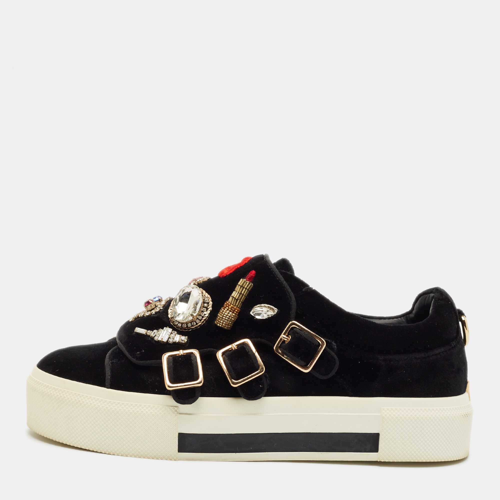 

Alexander McQueen Black Velvet Crystal Embellished Buckle Sneakers Size