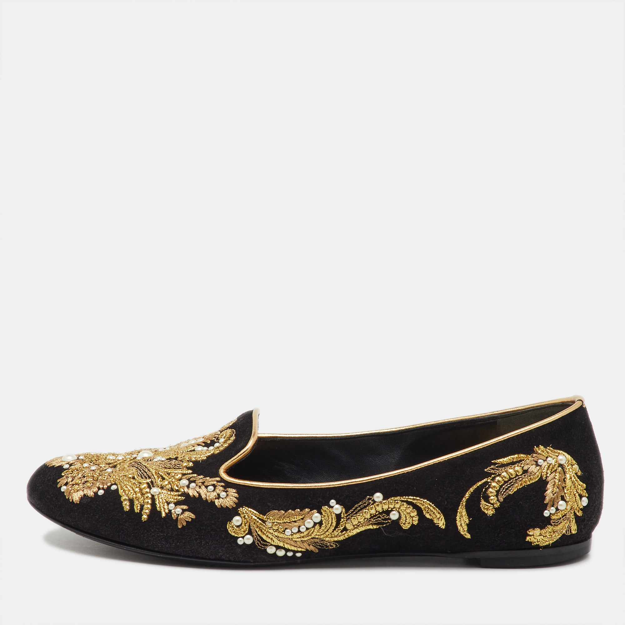

Alexander McQueen Black Suede Embroidered Smoking Slippers Size