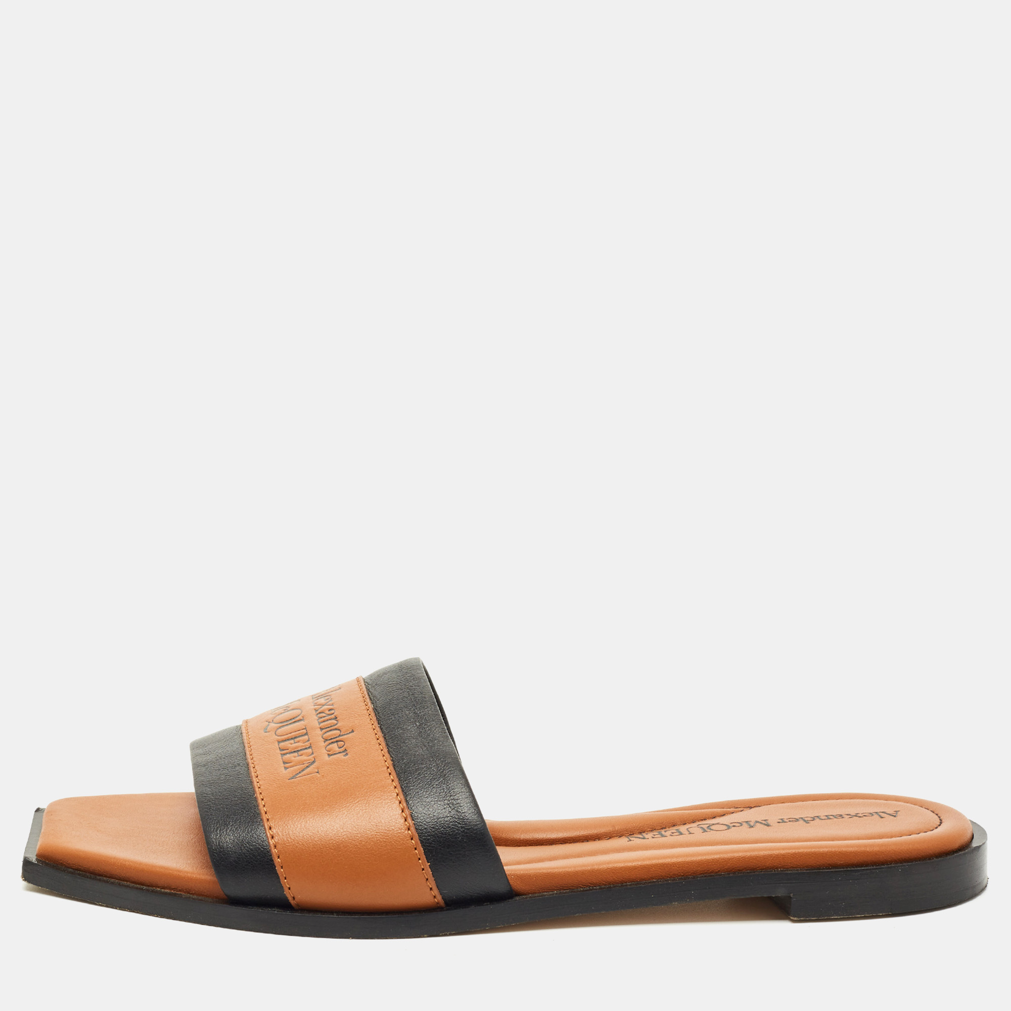 

Alexander McQueen Brown/Black Leather Flats Slide Size