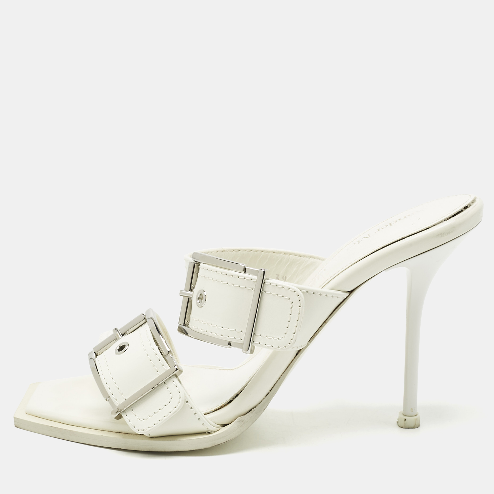 Pre-owned Alexander Mcqueen White Leather Buckle Detail Slide Sandals Size 39