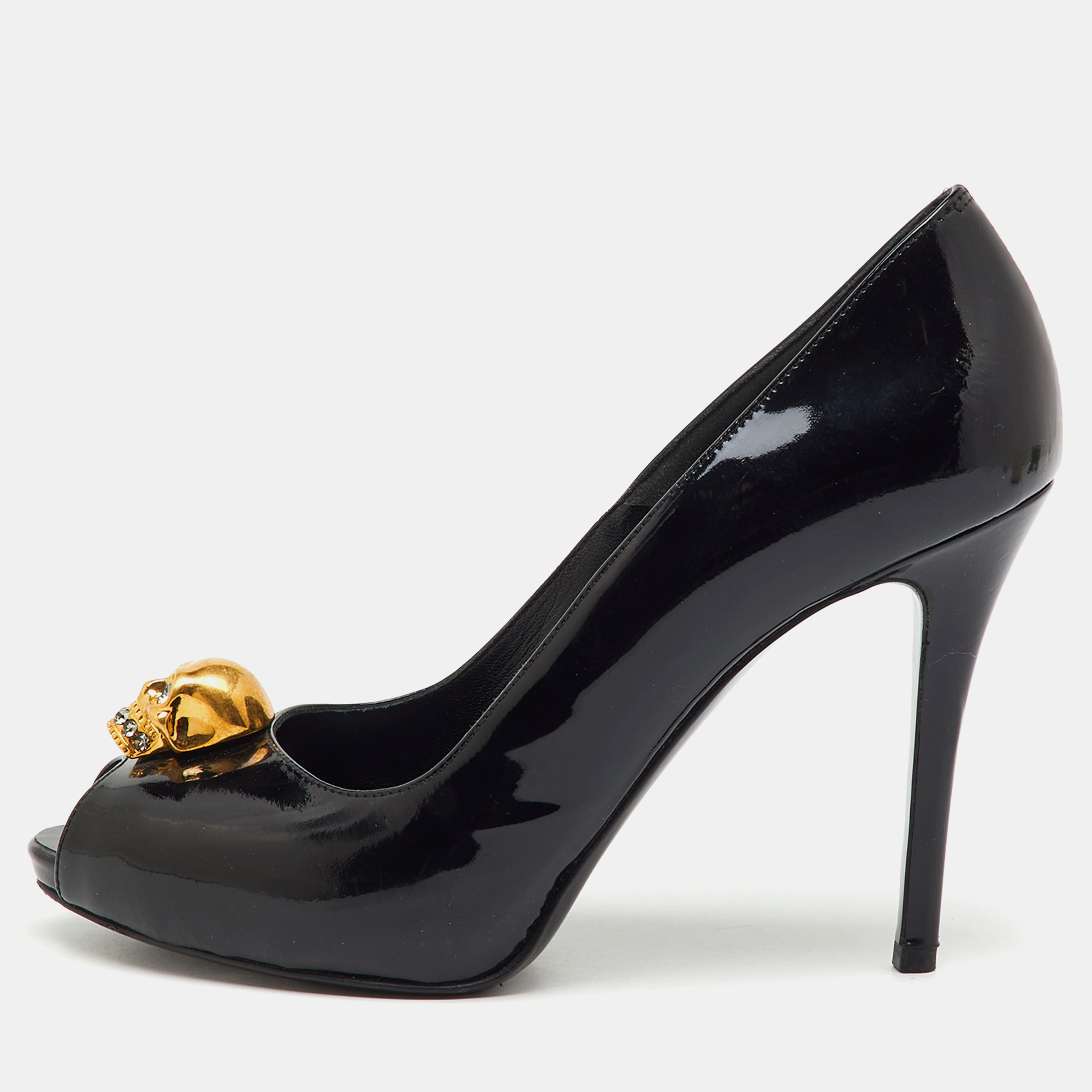 Pre-owned Alexander Mcqueen Black Patent Leather Crystal Embellished Skull Peep Toe Pumps Size 37.5