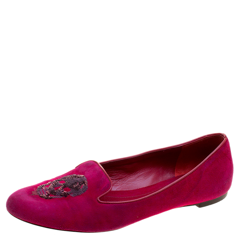 Pre Owned Alexander McQueen Pink Suede Sequins Skull Smoking Slippers Size 39
