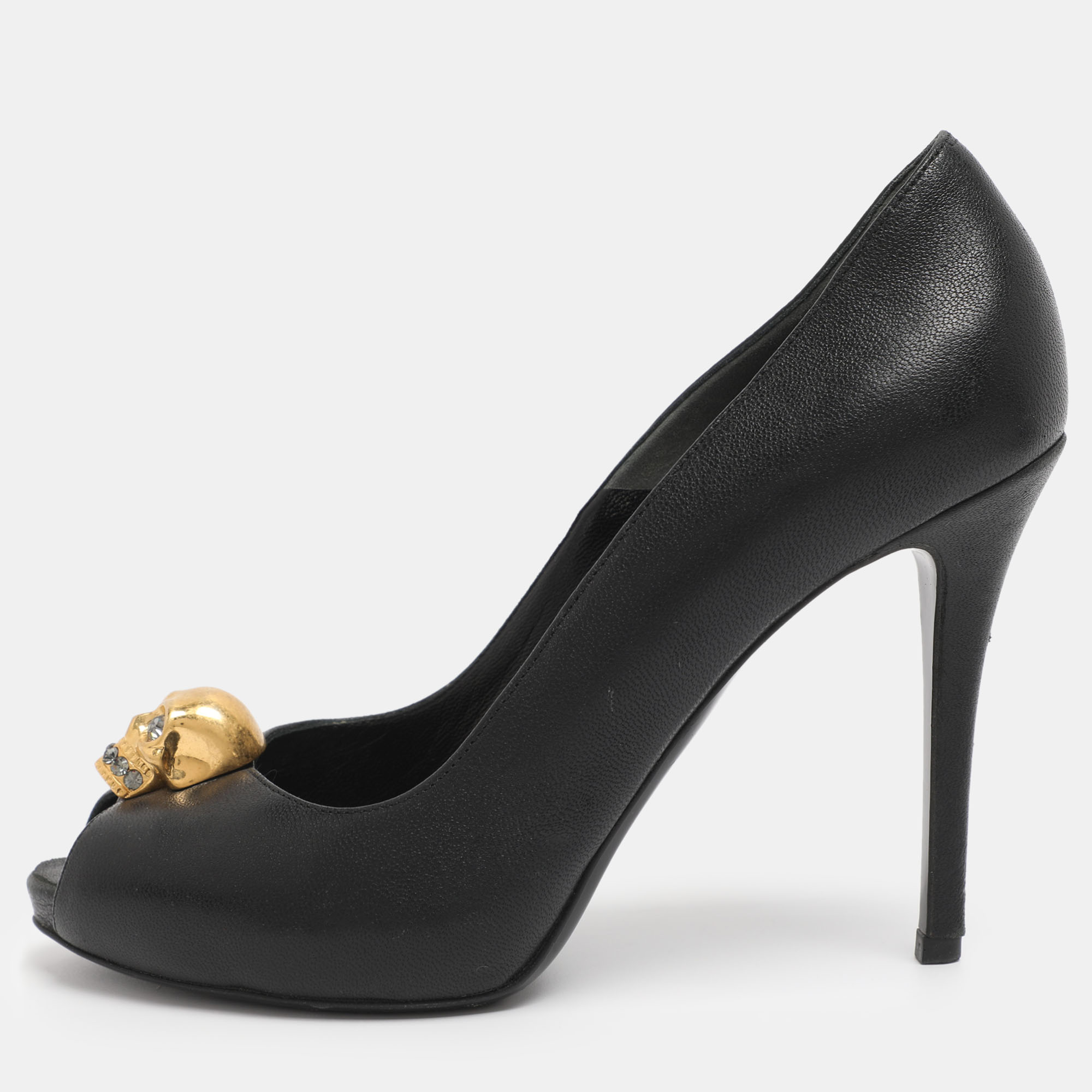 Pre-owned Alexander Mcqueen Black Leather Crystal Embellished Skull Detail Peep Toe Platform Pumps Size 37