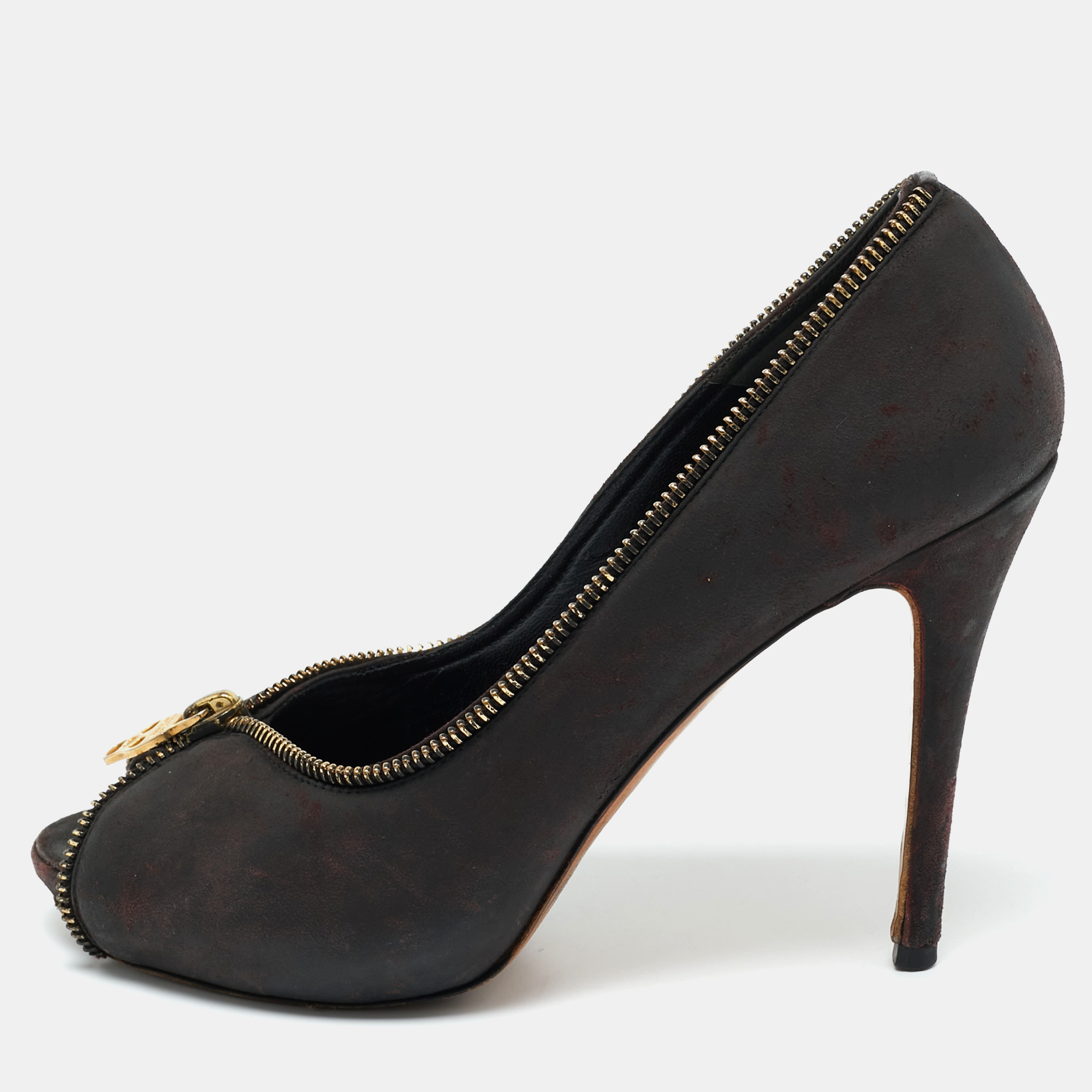Pre-owned Alexander Mcqueen Black Nubuck Leather Peep Toe Pumps Size 37.5