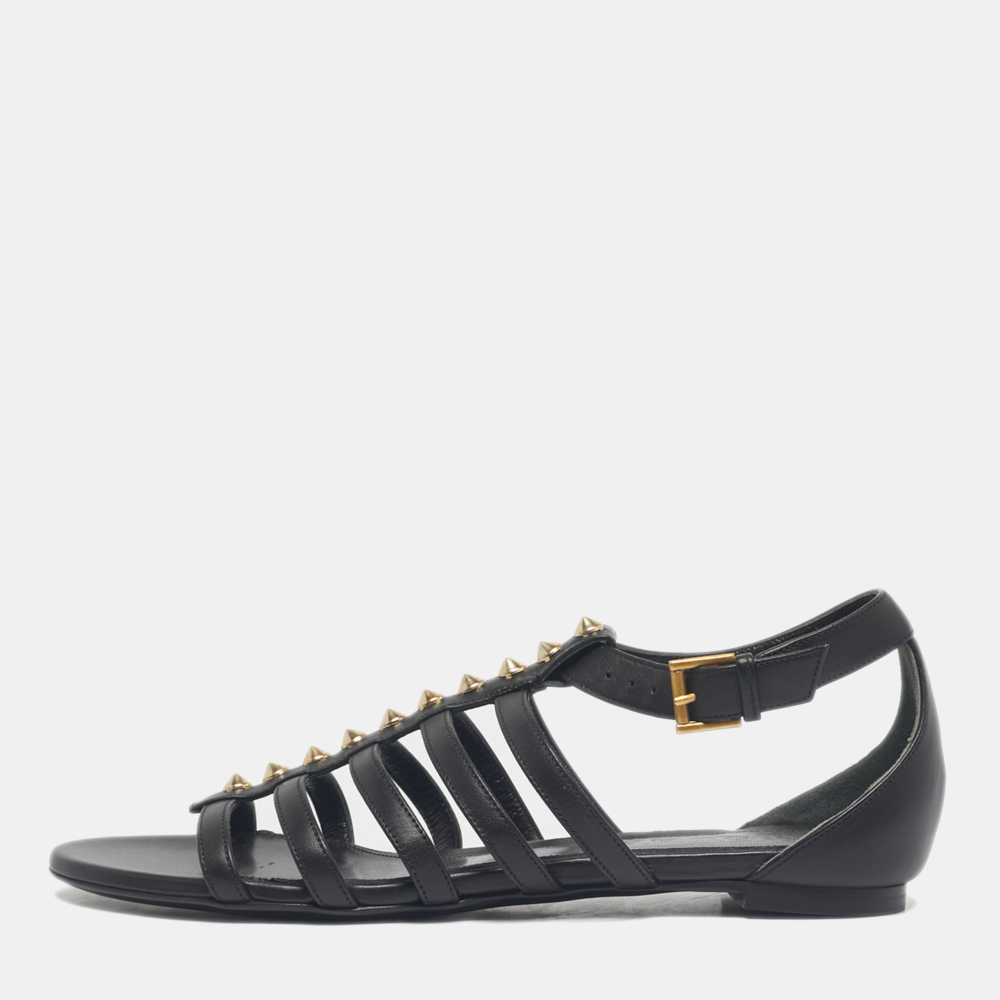 Pre-owned Alexander Mcqueen Black Leather Studded Flat Sandals Size 38