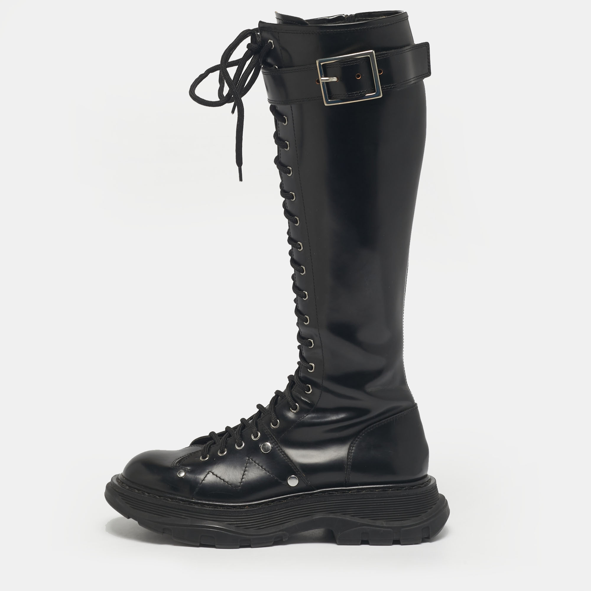 Pre-owned Alexander Mcqueen Black Leather Tread Knee Length Boots Size 39