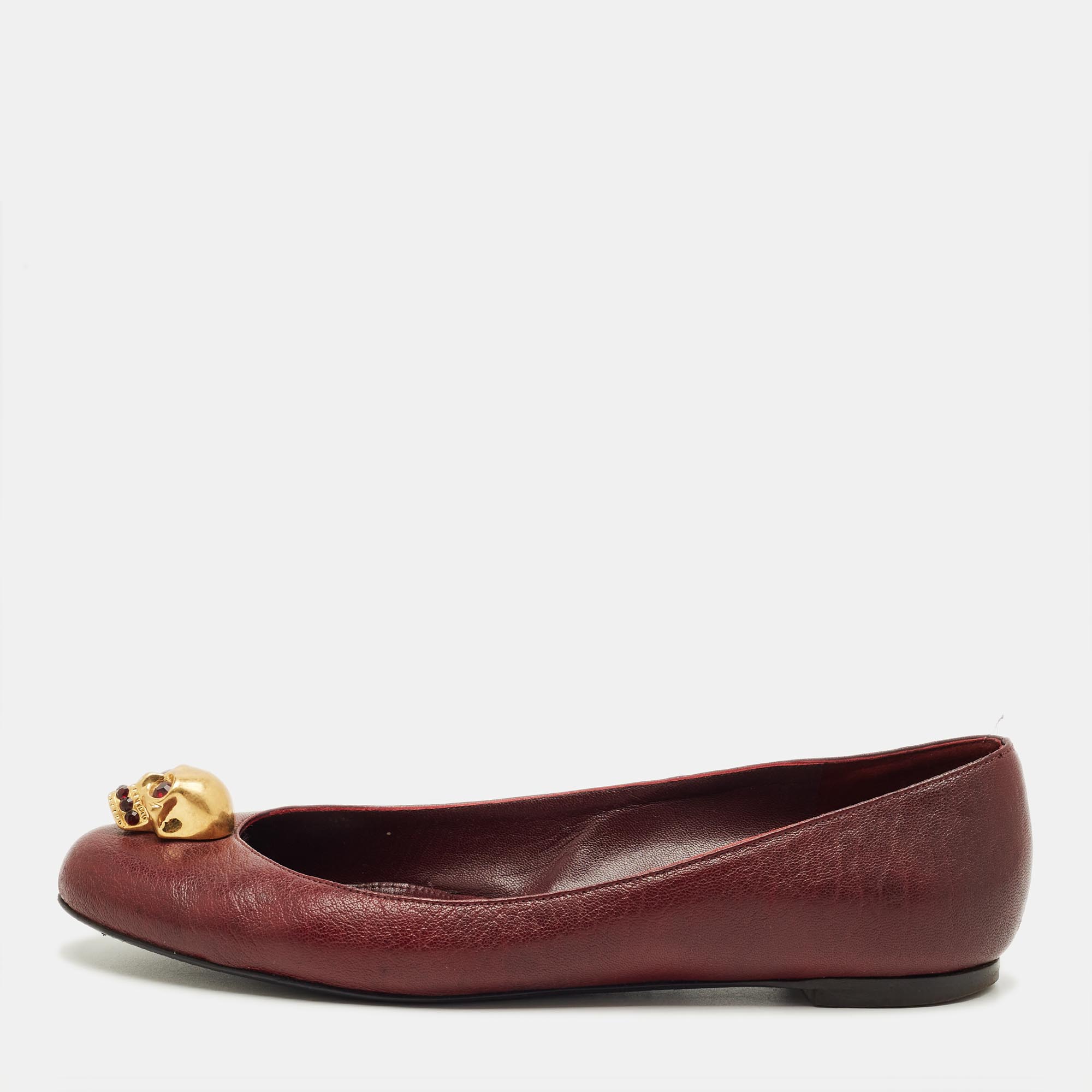 Pre-owned Alexander Mcqueen Burgundy Leather Skull Ballet Flats Size 38.5