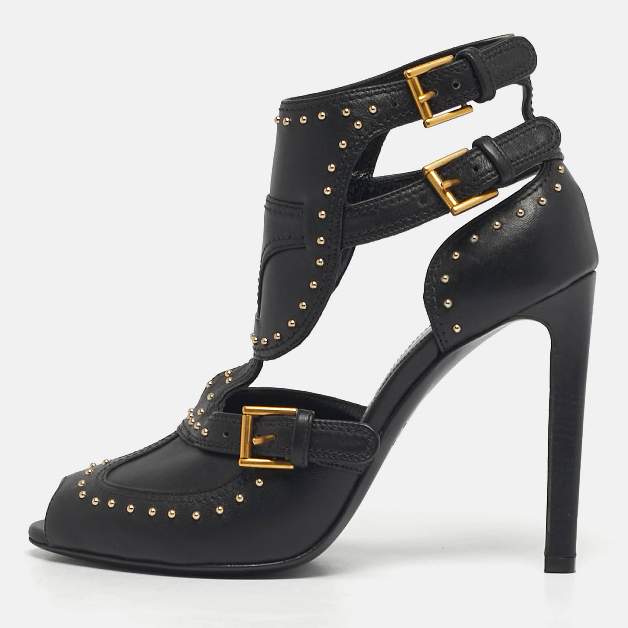 

Alexander McQueen Black Leather Studded Buckle Booties Size