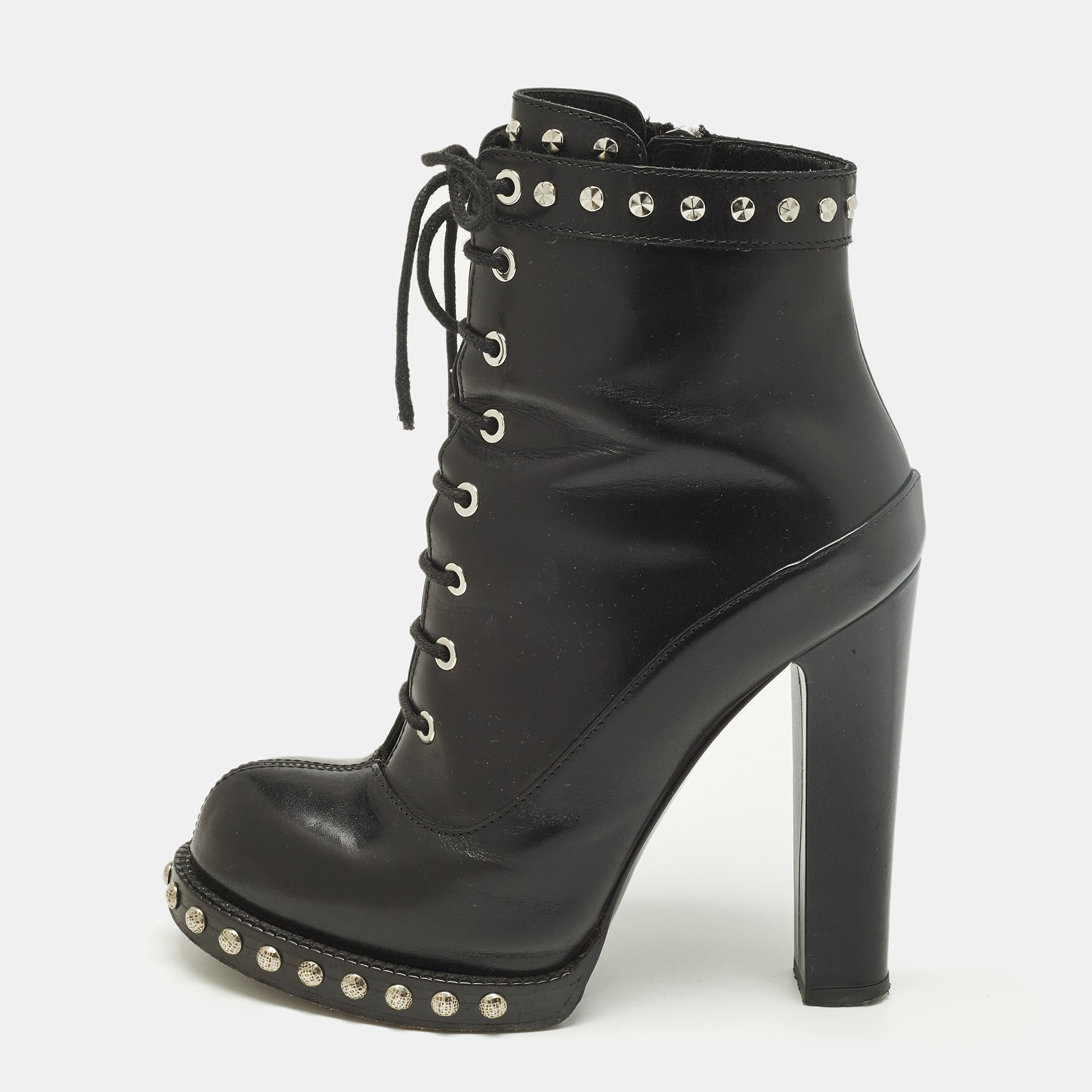 Pre-owned Alexander Mcqueen Size 37 Black Leather Lace Up Ankle Length Boots