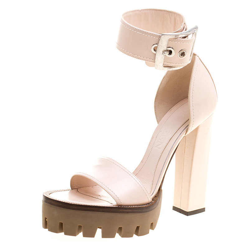 Pre Owned Alexander McQueen Blush Pink Leather Ankle Strap Platform Sandals Size 38