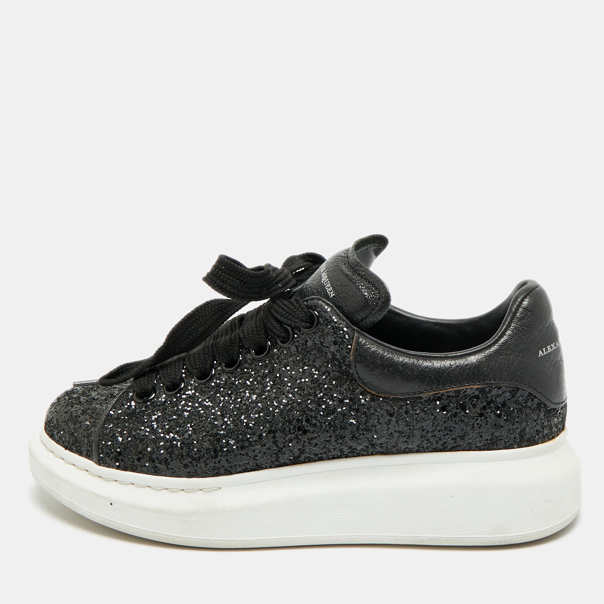 

Alexander McQueen Oversized Size  Black Glitter and Leather Low Top Sneakers