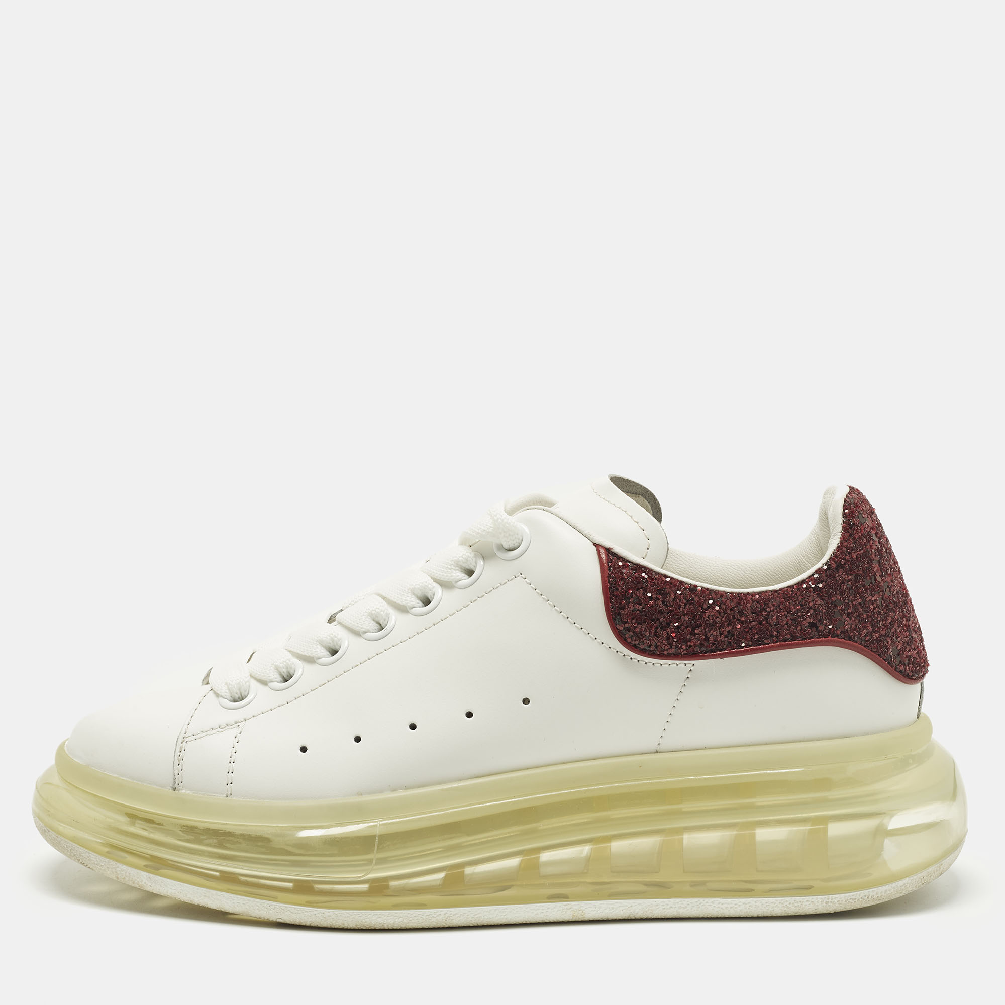 

Alexander McQueen Oversized Size  White/Burgundy Leather and Sequins Lace Up Sneakers