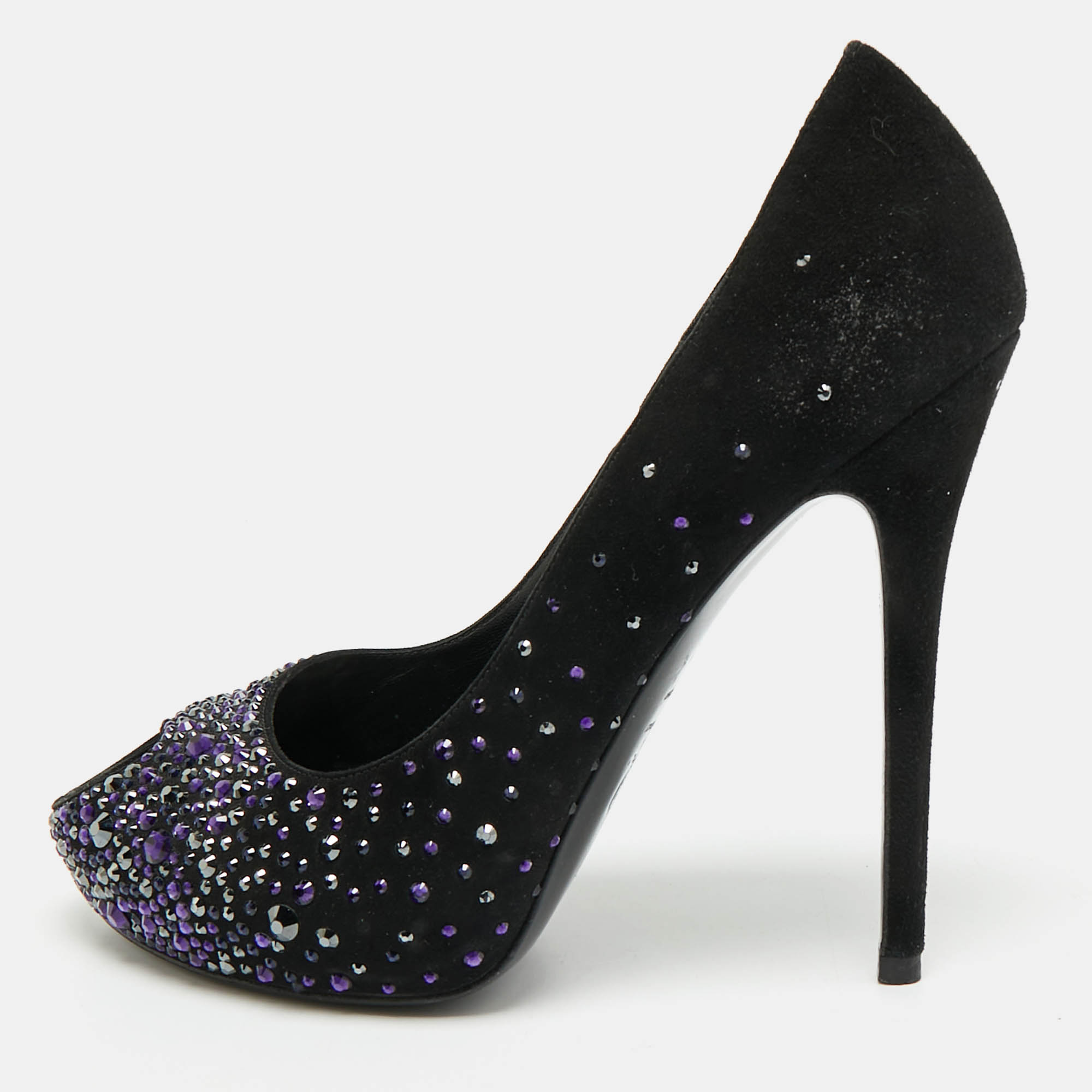 

Alexander McQueen Heart Size  Black Suede Crystal Embellished Peep Toe Pumps
