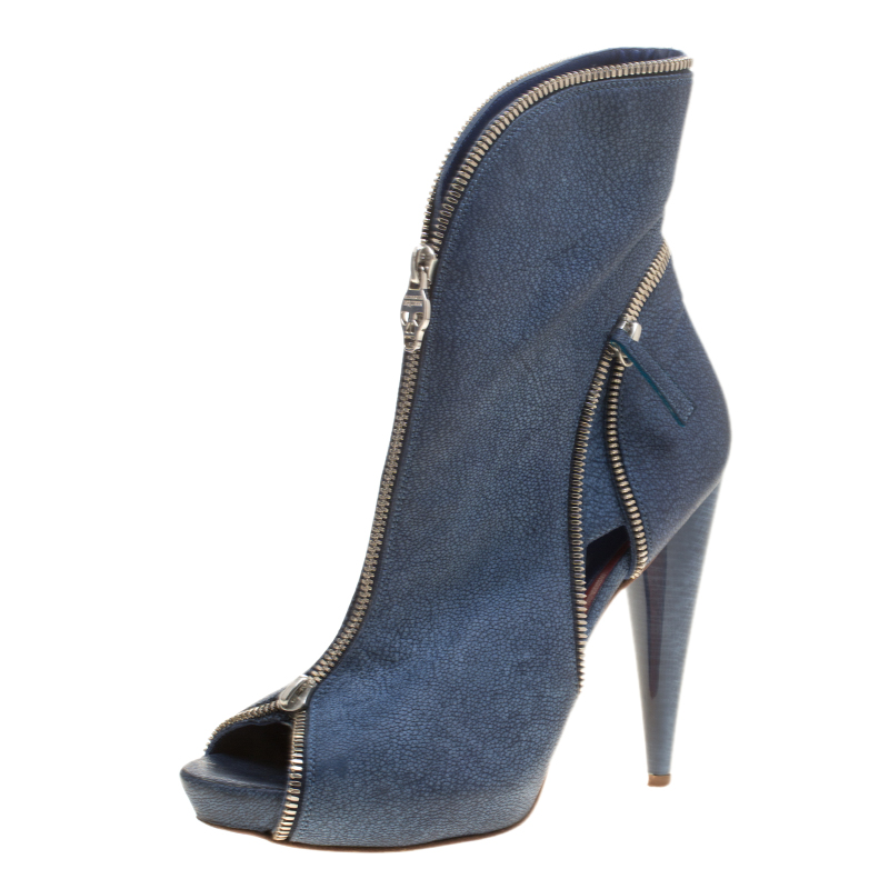 Alexander McQueen Blue Textured Leather Zip Detail Peep Toe Ankle Boots ...