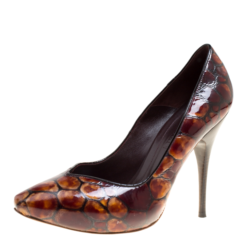 Pre Owned Alexander McQueen Two Tone Brown Tortoise Shell Embossed Patent Leather Pumps Size 40