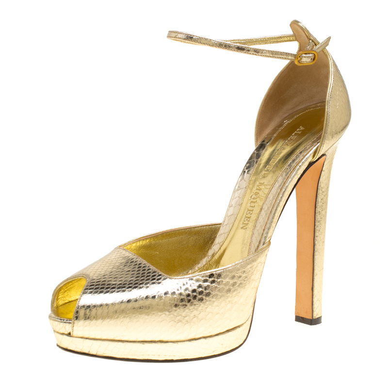 

Alexander McQueen Metallic Embossed Python Leather Peep Toe Ankle Strap Platform Sandals Size