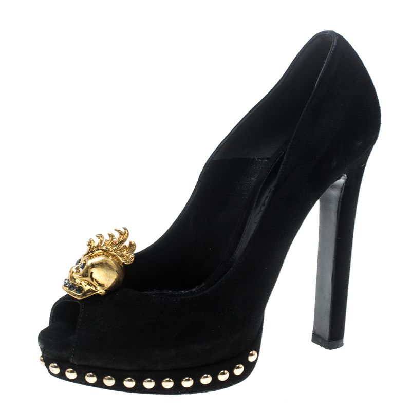Pre Owned Alexander McQueen Black Suede Skull Embellished Peep Toe Pumps Size 36