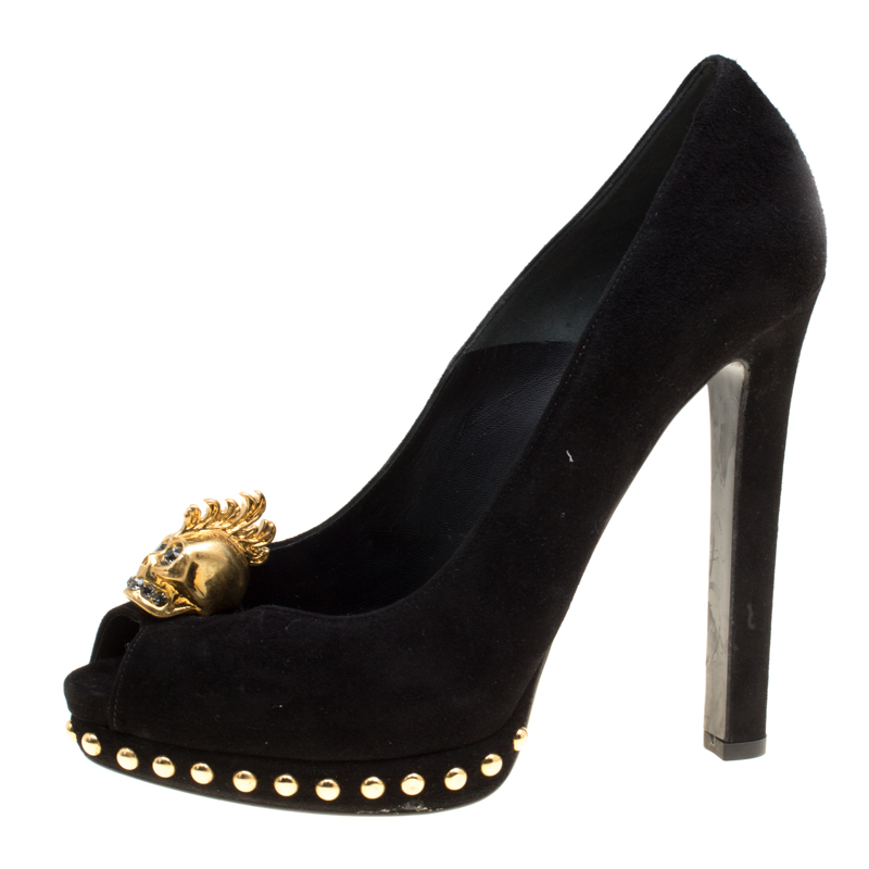 

Alexander McQueen Black Suede Crystal Embellished Skull Peep Toe Platform Pumps Size