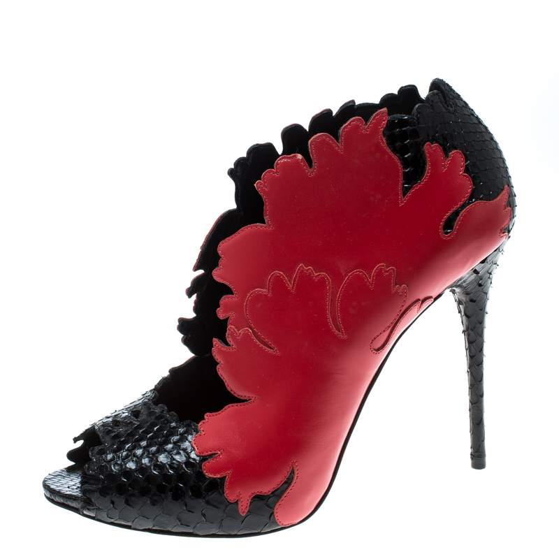 Alexander McQueen Red/Black Python and Leather Kimono Flower Peep Toe Booties Size