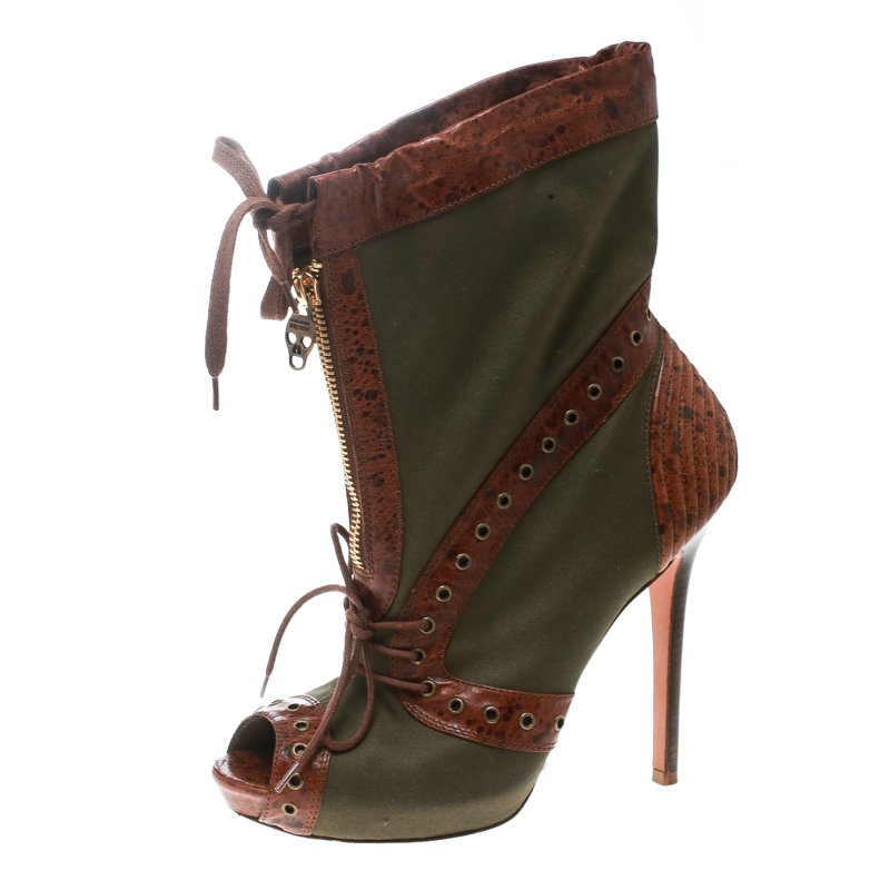 Alexander McQueen Olive Green Eyelet Embellished Canvas And Textured Leather Peep-Toe Booties Size 38