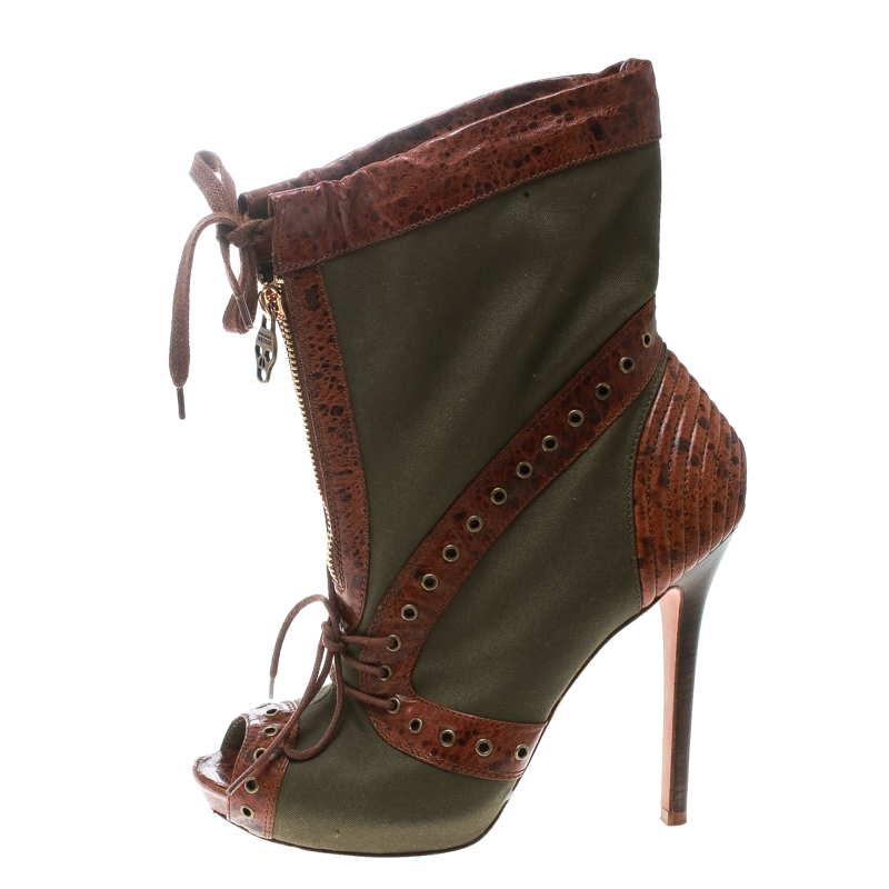 

Alexander McQueen Olive Green Eyelet Embellished Canvas And Textured Leather Peep-Toe Booties Size