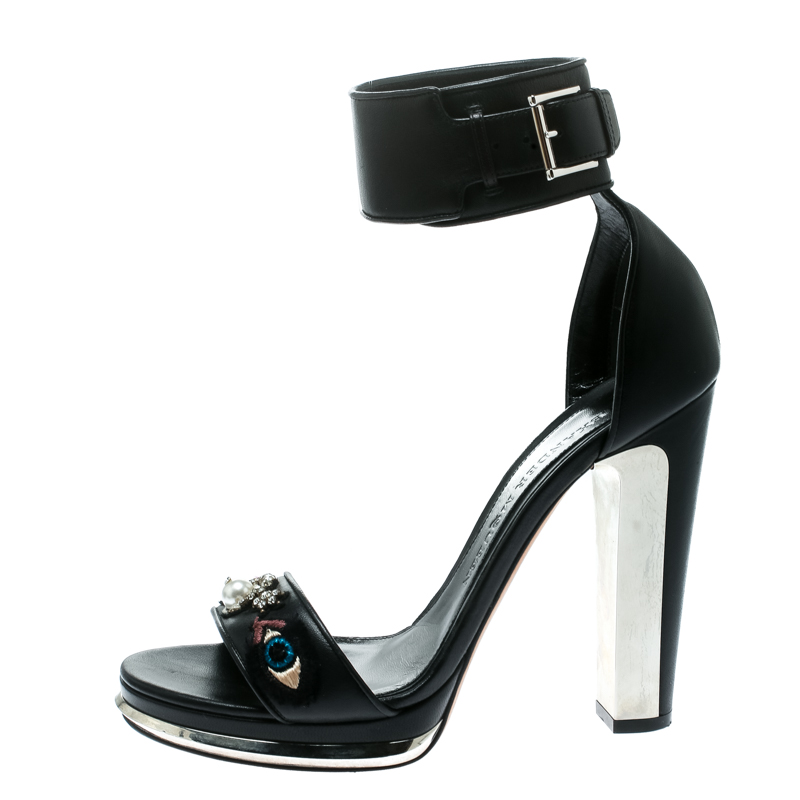 

Alexander McQueen Black Embroidered Leather Ankle Strap Platform Sandals Size
