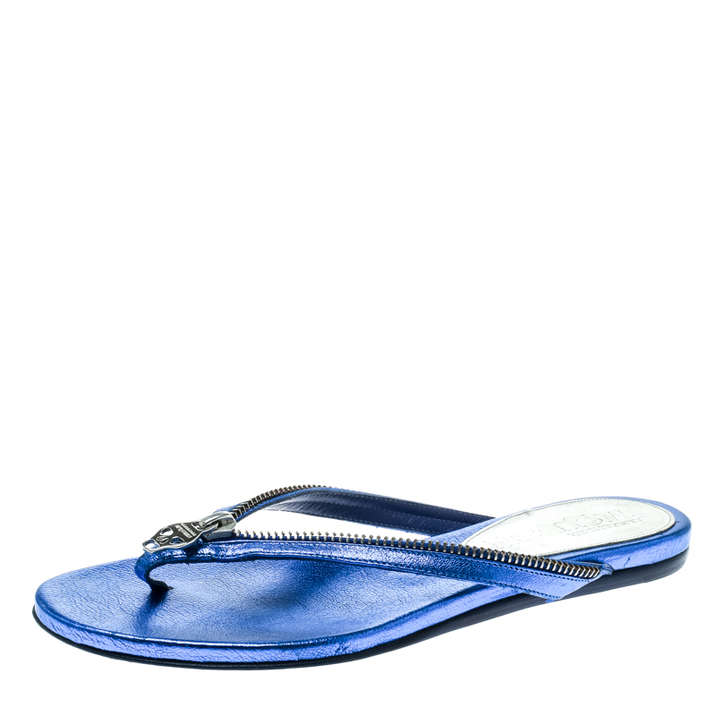 Alexander McQueen Blue Leather Zip Embellished Thong Sandals Size 37
