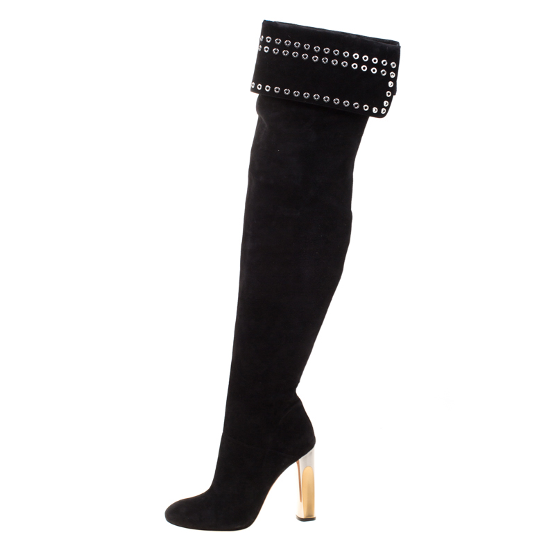 

Alexander McQueen Black Suede Eyelet Detail Knee Length Boots Size