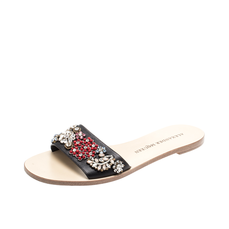 Pre Owned Alexander McQueen Multicolored Floral Embellished Leather Slides Size 38