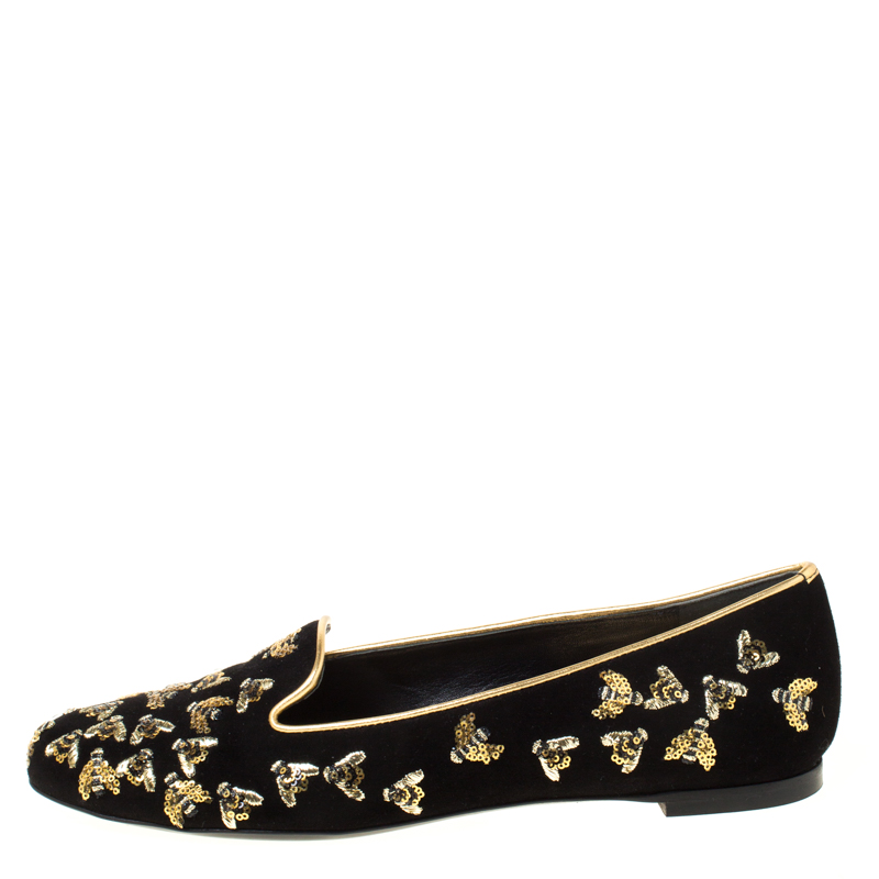 

Alexander McQueen Black Bee Embroidered Sequined Suede Slippers Size