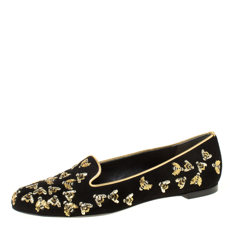 Pre Owned Alexander McQueen Black Bee Embroidered Sequined Suede Slippers Size 37