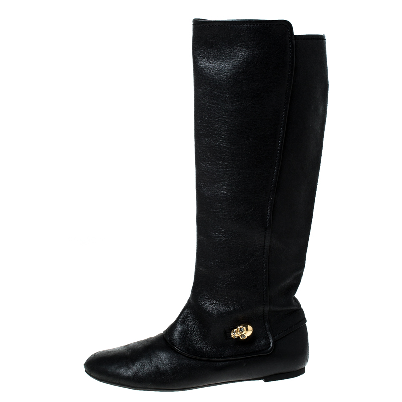 

Alexander McQueen Black Leather Skull Charm Knee Length Boots Size