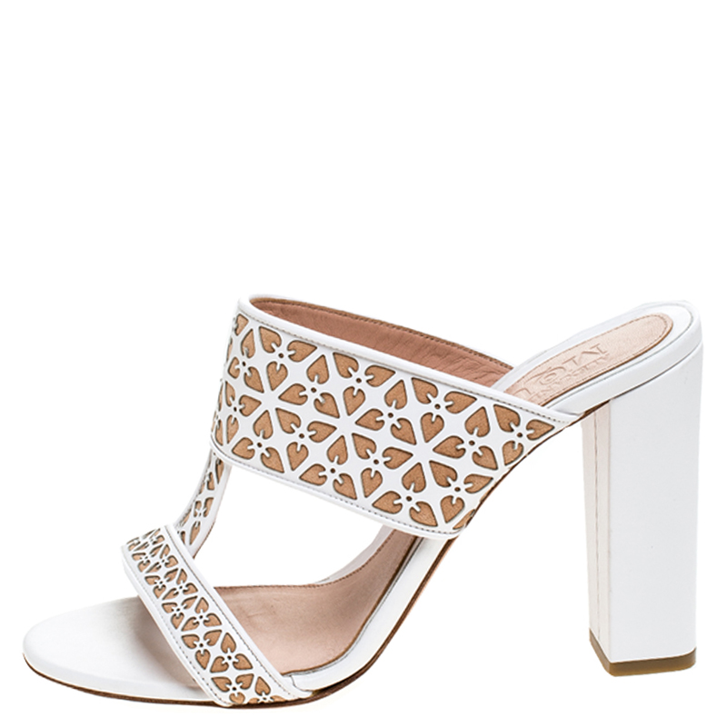 

Alexander McQueen White/Beige Laser Cut Leather Block Heel Sandals Size