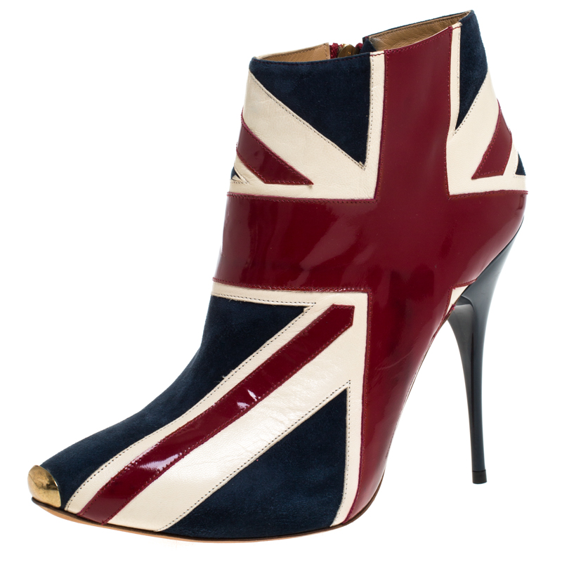 Pre-owned Alexander Mcqueen Tri Color Suede And Patent Leather Union Jack Ankle Boots Size 40 In Blue