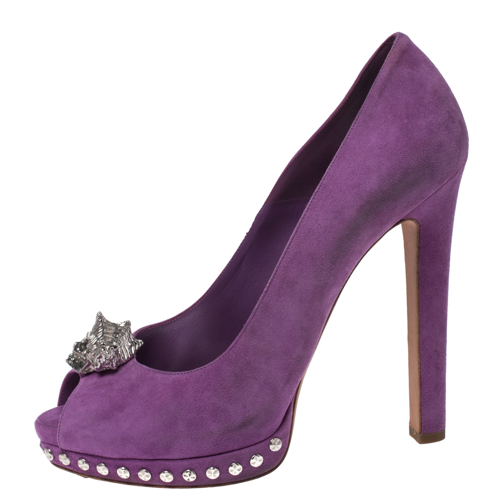 

Alexander McQueen Purple Suede Crystal Embellished Skull Peep Toe Pumps Size