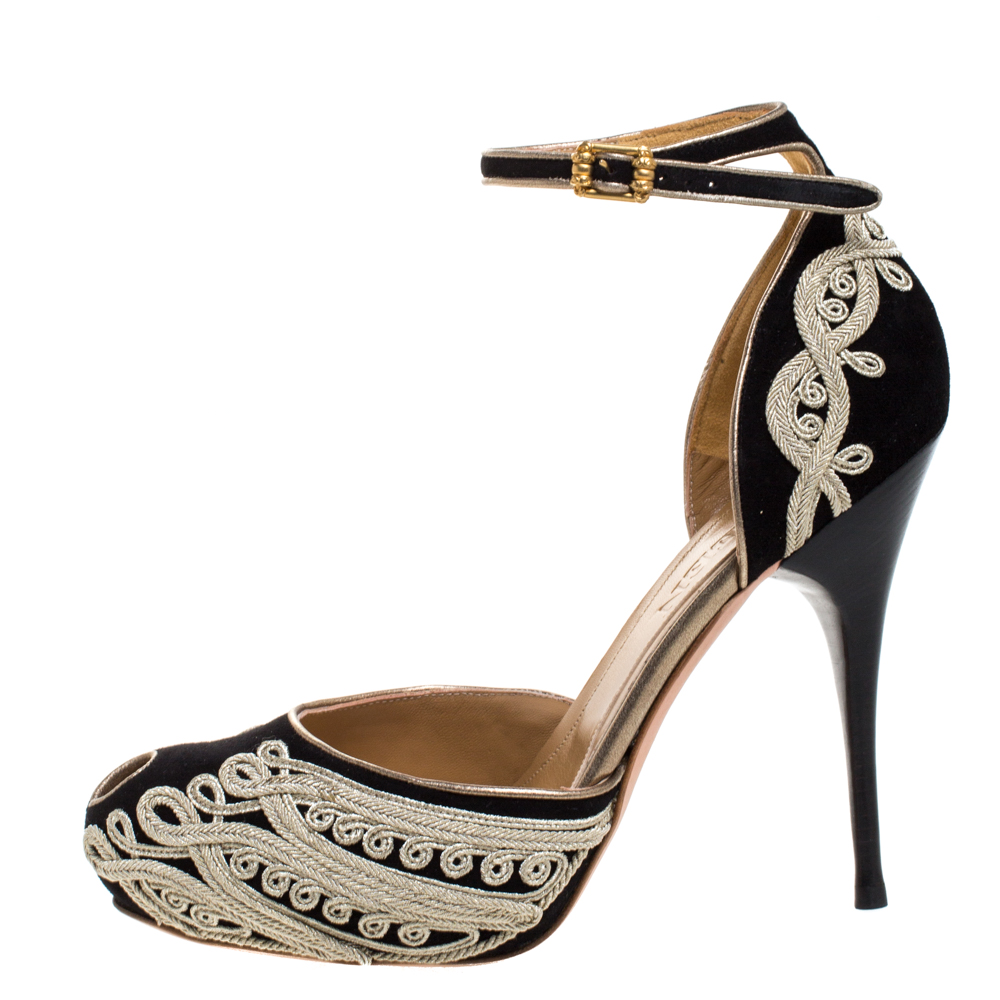 

Alexander McQueen Black/Light Gold Cord Embroidered Suede Ankle Strap D'orsay Pumps Size