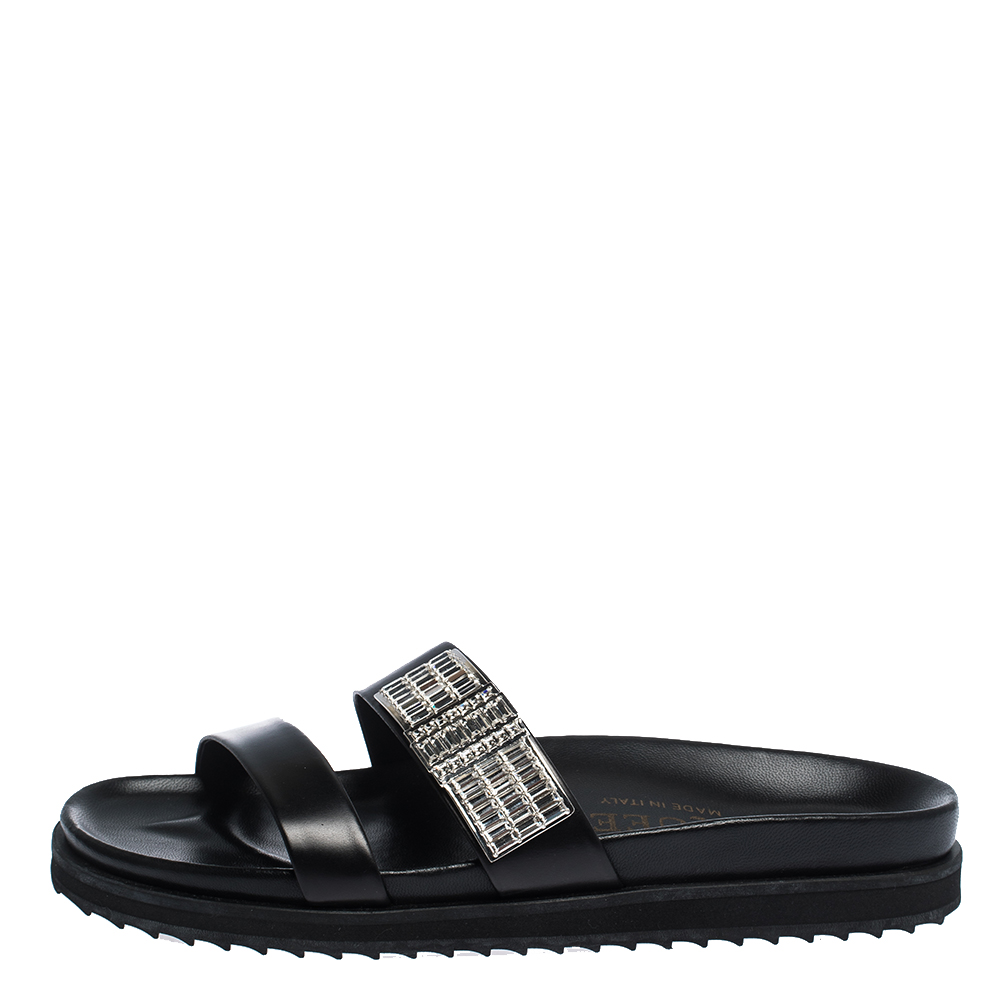 

Alexander McQueen Black Crystal Embellished Double Strap Slide Sandals Size