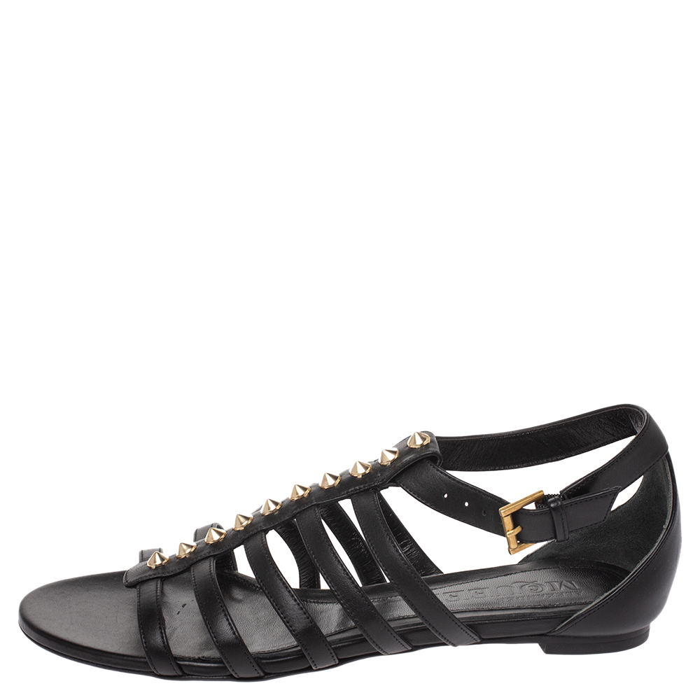 

Alexander McQueen Black Leather Spike Detail Flat Gladiator Sandals Size