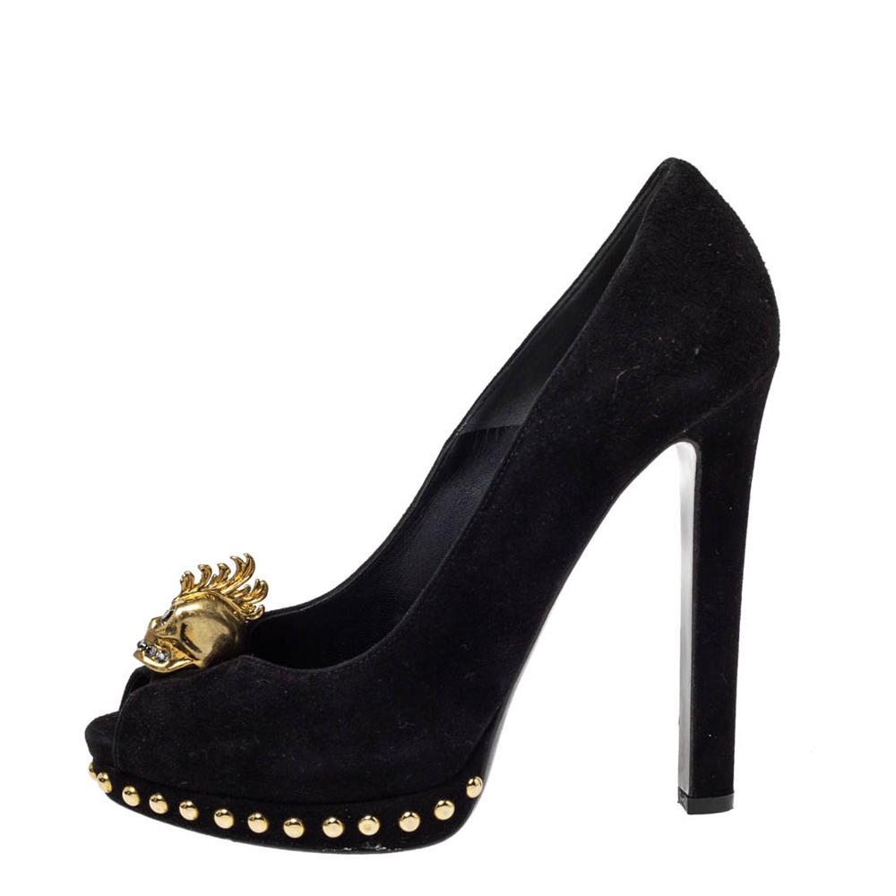 

Alexander McQueen Black Suede Leather Skull Peep Toe Platform Pumps Size