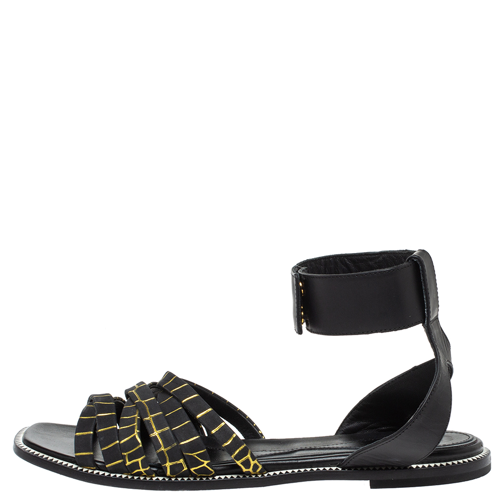 

McQ by Alexander McQueen Croc Embossed Leather Erin Ankle Strap Flat Sandals Size, Black