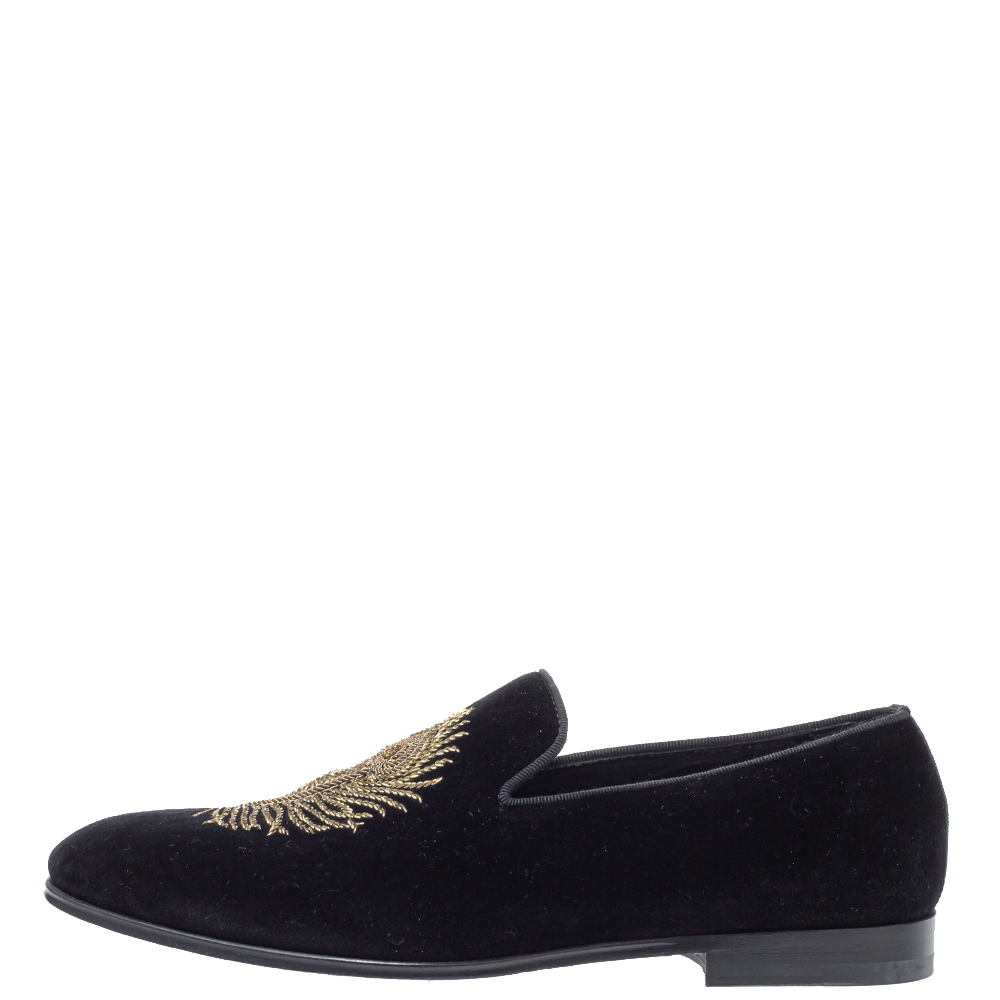 

Alexander McQueen Black Velvet Feather Embroidered Smoking Slippers Size