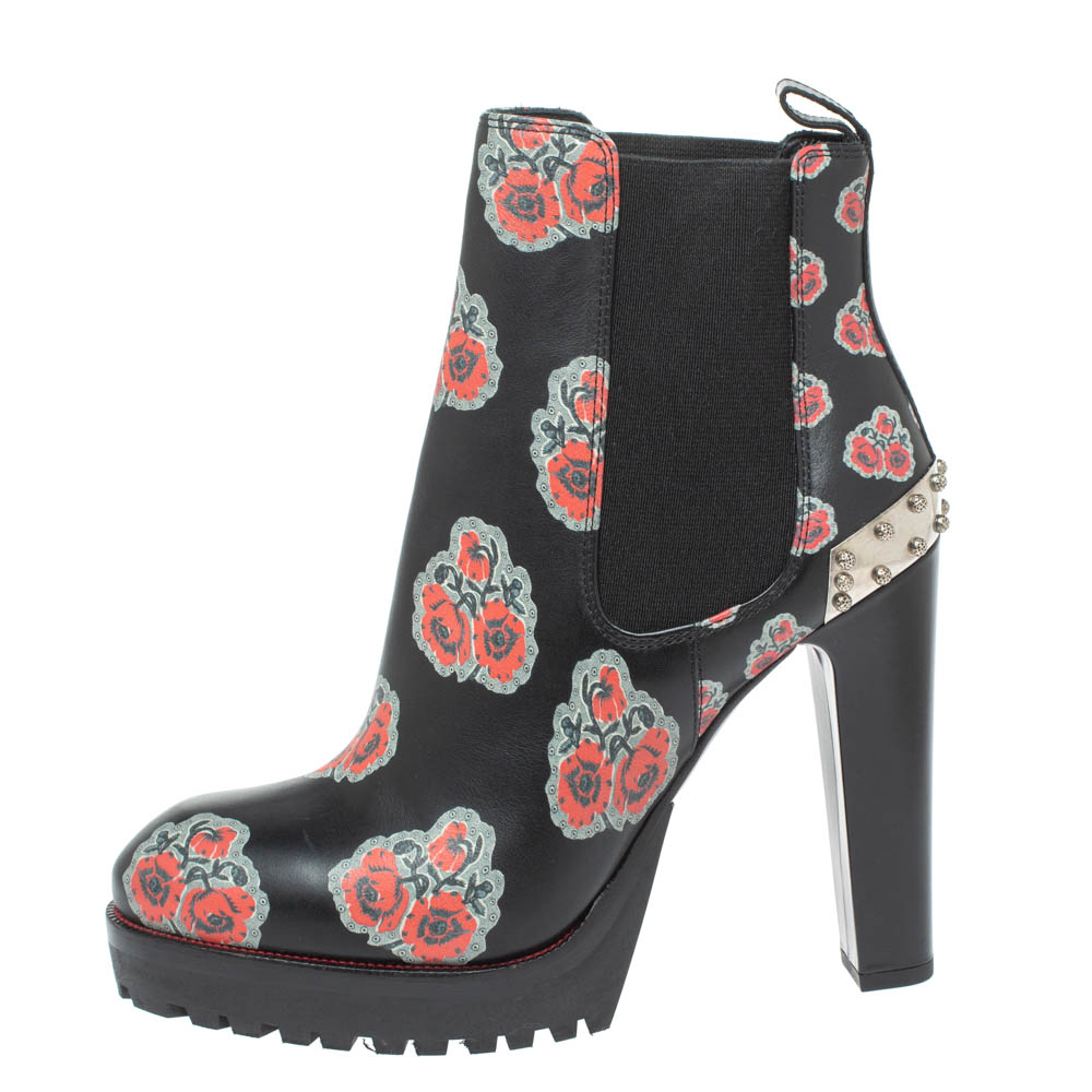 

Alexander McQueen Black Leather Poppy Flower Print Ankle Boots Size