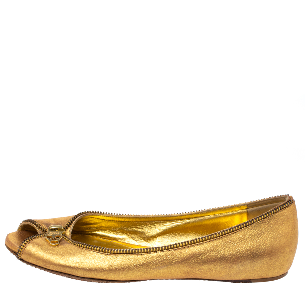 

Alexander McQueen Metallic Gold Leather Skull Zip Detail Peep Toe Ballet Flats Size