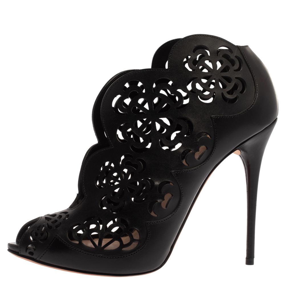 Alexander McQueen Black Floral Laser Cut Leather Peep Toe Booties Size