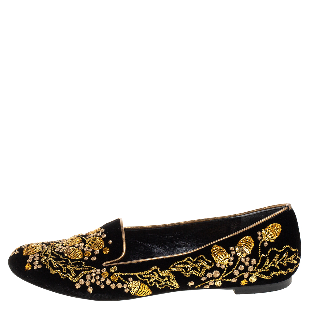 

Alexander McQueen Black/Gold Velvet Embroidered Acorn Smoking Slippers Size