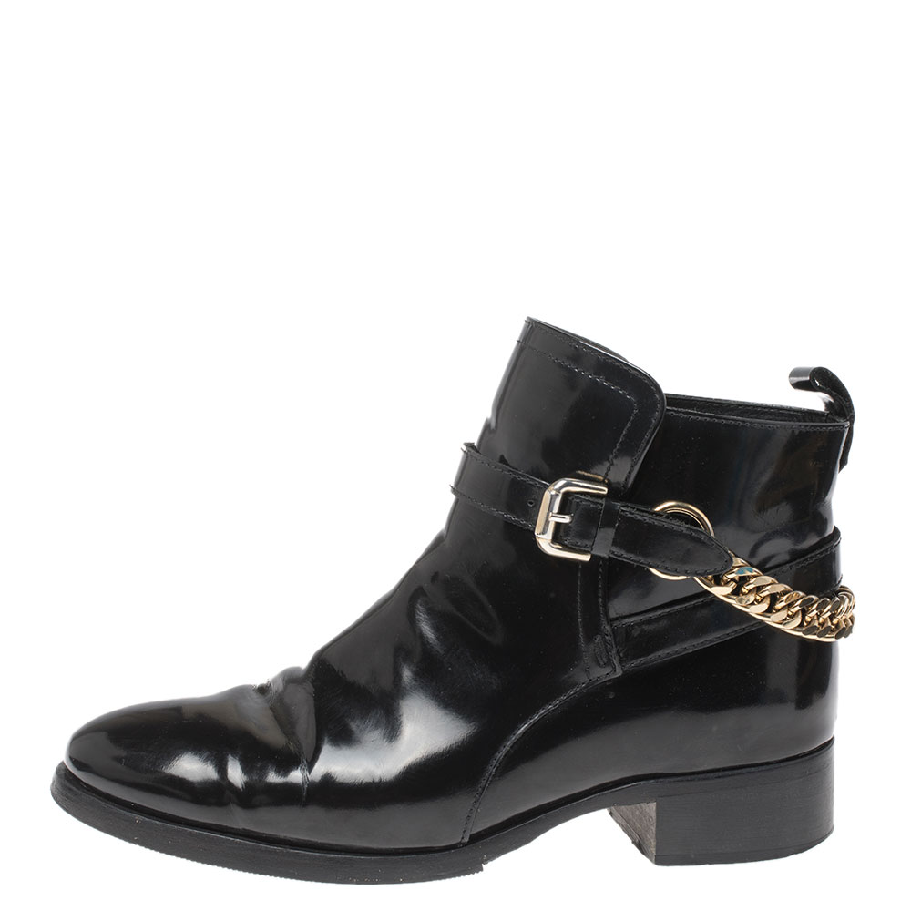 

Alexander McQueen Black Leather Chain Detail Buckle Ankle Boots Size