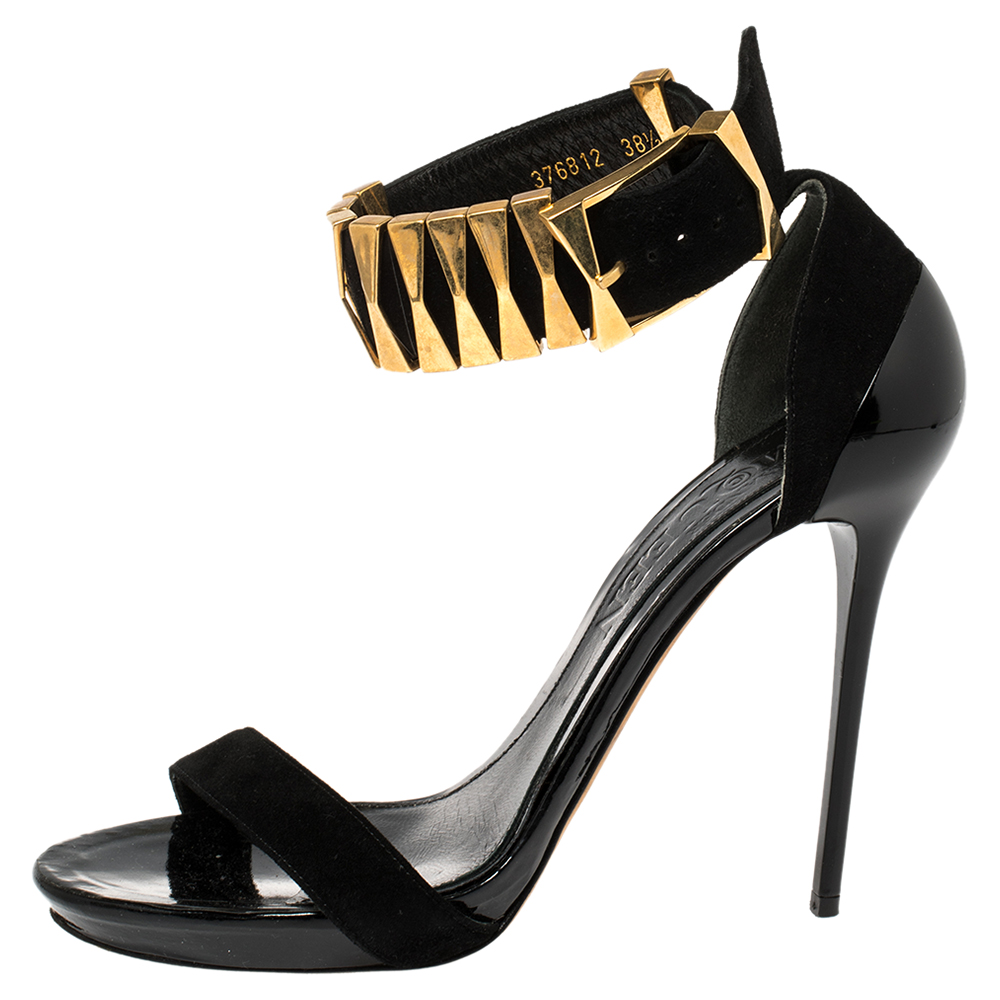 

Alexander McQueen Black Suede Metal Ankle Strap Sandals Size